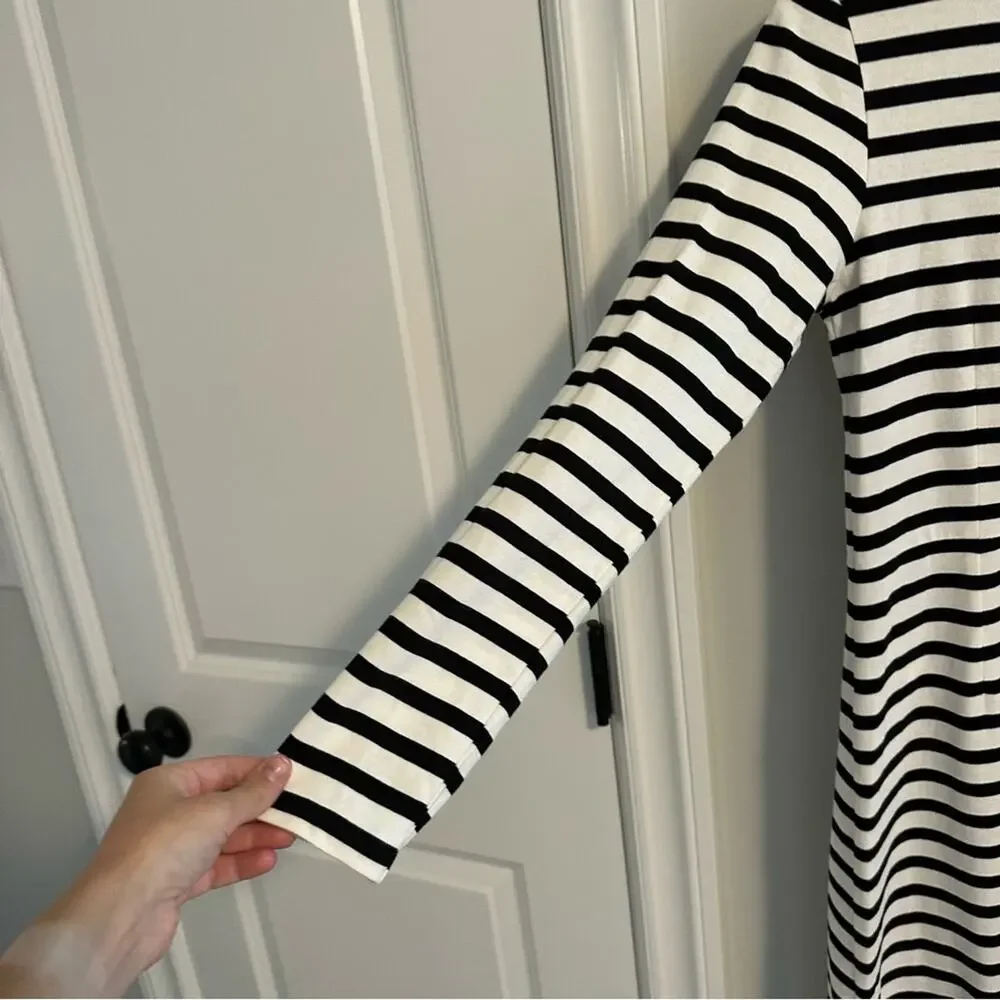 NWT J. Crew White Black Striped Cotton Long Sleeve MIDI Dress 6